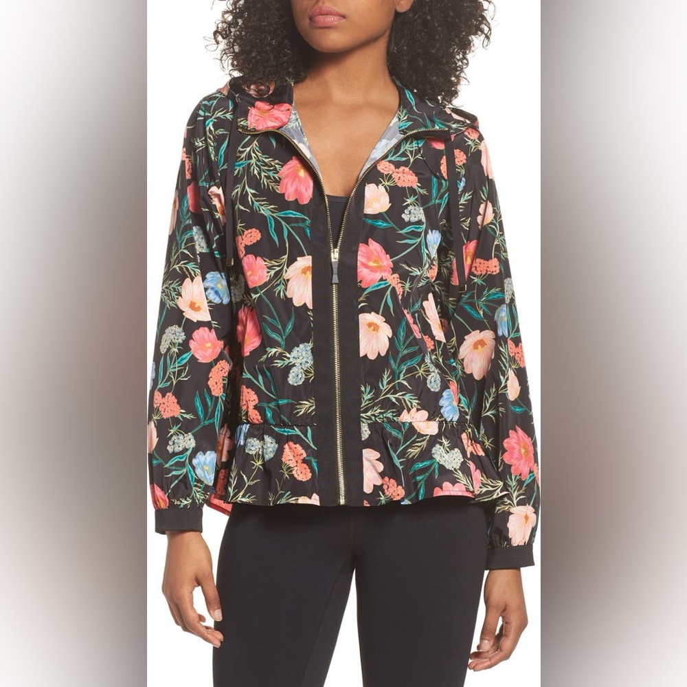 Kate Spade Black Floral Peplum Hem Windbreaker Jacket